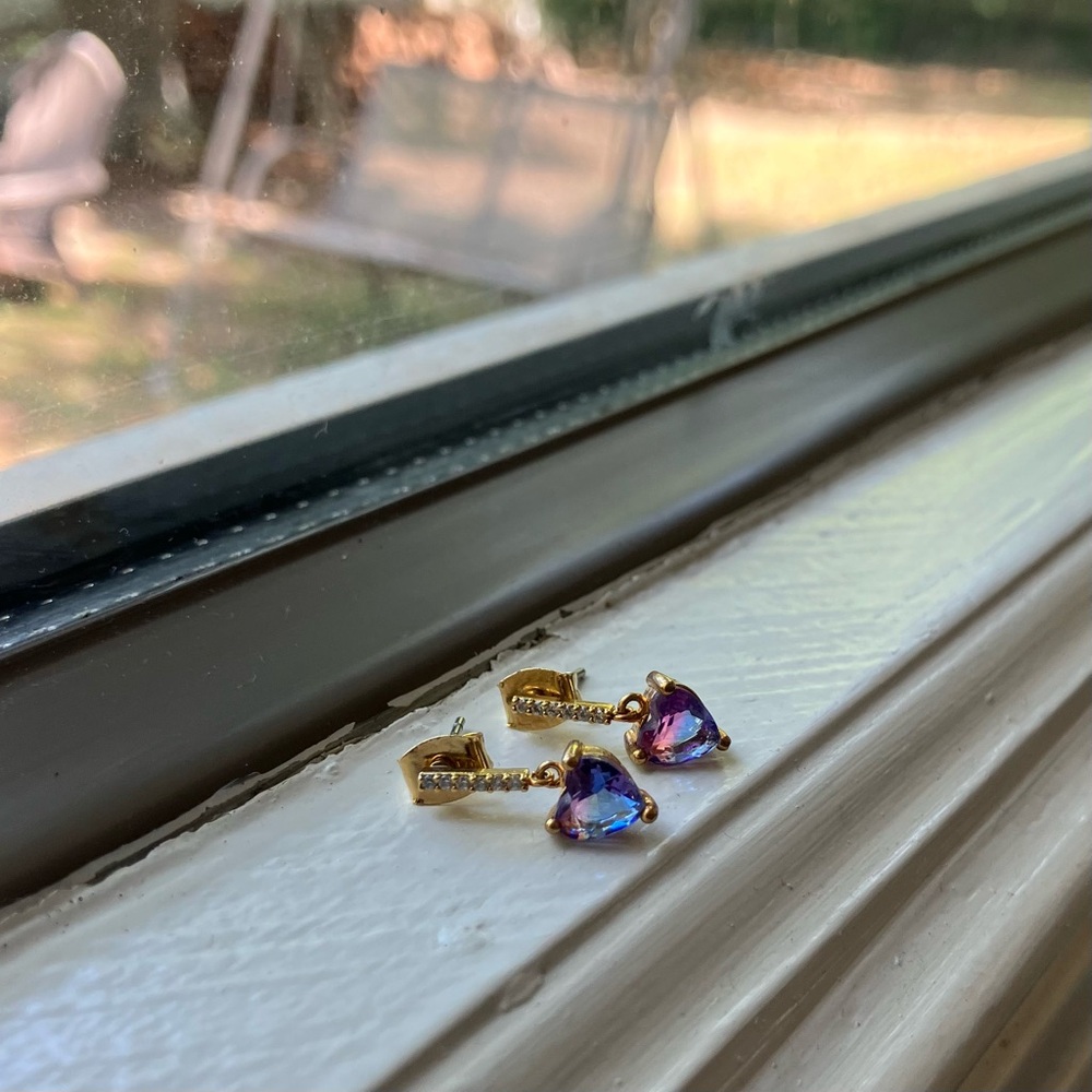 Small blue/pink/purple CZ heart drop earrings (originally $30 on Etsy) - Picture 2 of 6